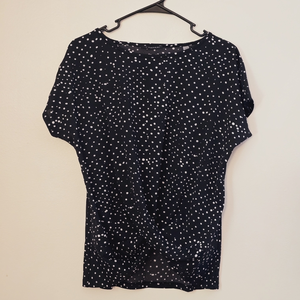 T Tahari Women's XS Black and White Polka Dot Wrap Style Blouse